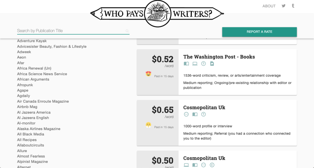 The homepage of Who Pays Writers? shows a list of publication titles and selected reviews of pay rates for Cosmopolitan UK and The Washington Post